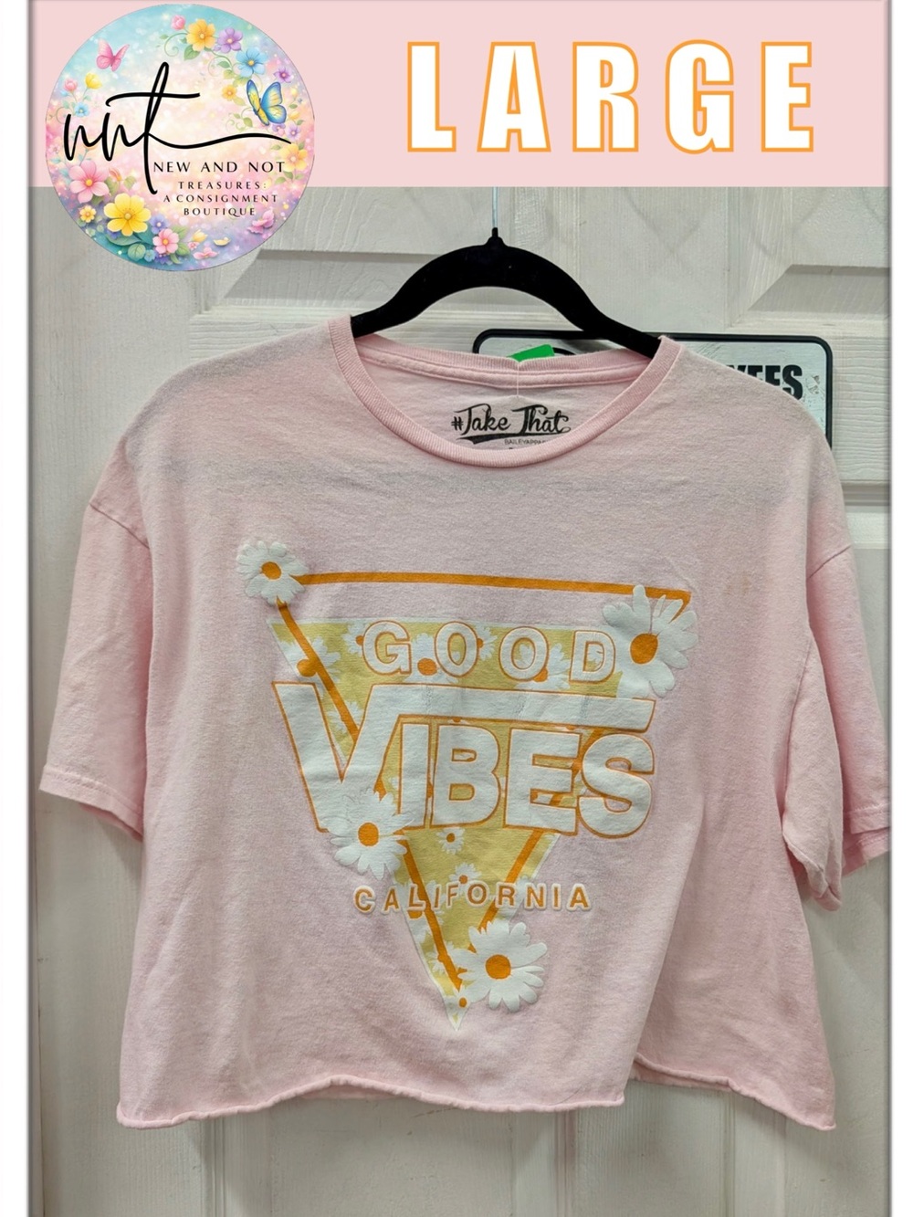 Take That Good Vibes California Daisy Cropped Graphic Tee Pink Large